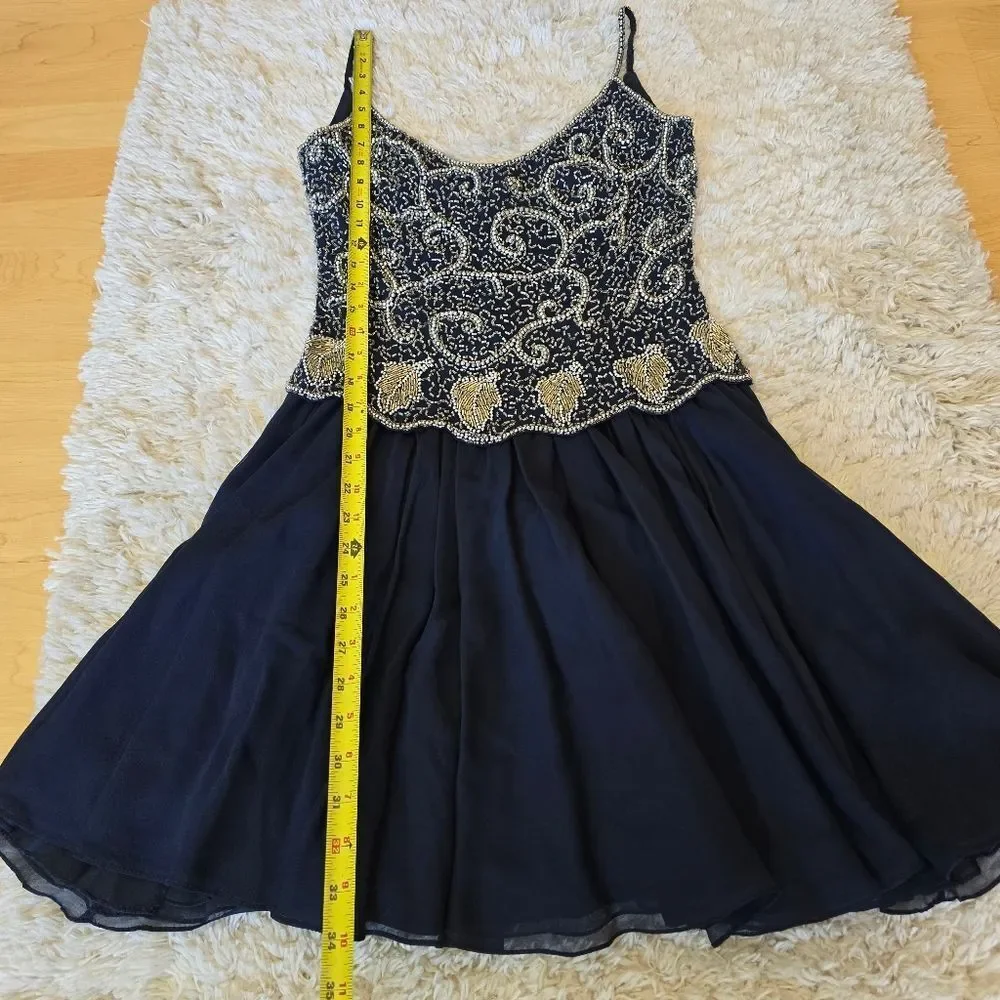 BLACK TIE OLEG CASSINI Elegant Navy Blue Beaded Dress 100% Silk Size 6 Glam Prom